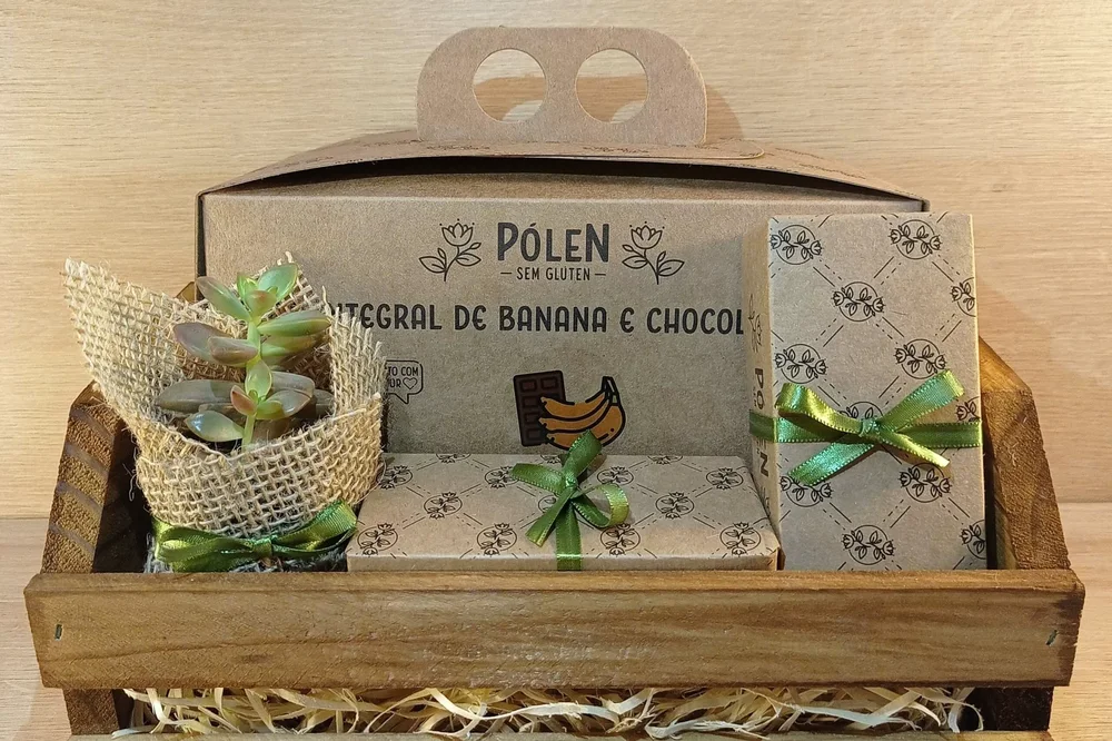 Caixas kraft da Pólen com bolo integral de banana e chocolate, ao lado de uma suculenta
